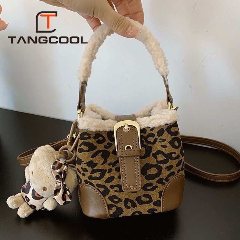 T Tang Cool Lamb ขนสัตว์แบบพกพากระเป๋าใบเล็กผู้หญิงแฟชั่นเสือดาวพิมพ์ All-Match Messenger กระเป๋า Commuter กระเป๋า 11.5