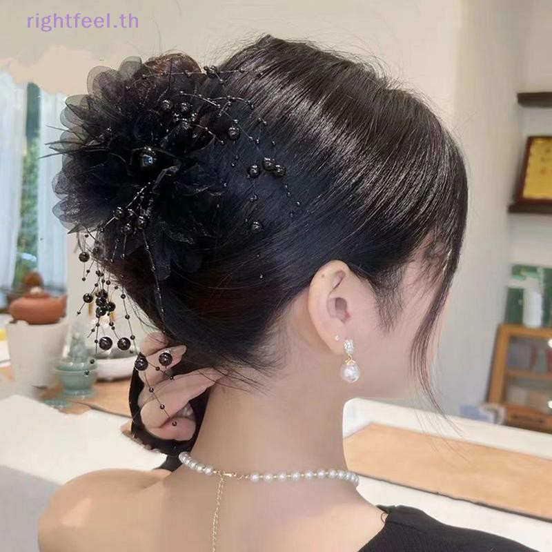 Rightfeel.th แฟชั่นตาข่ายดอกไม้ผม Claw ผู้หญิง Shark หางม้าคลิป Headdress อารมณ์ Pearl sels Headwear ใหม่