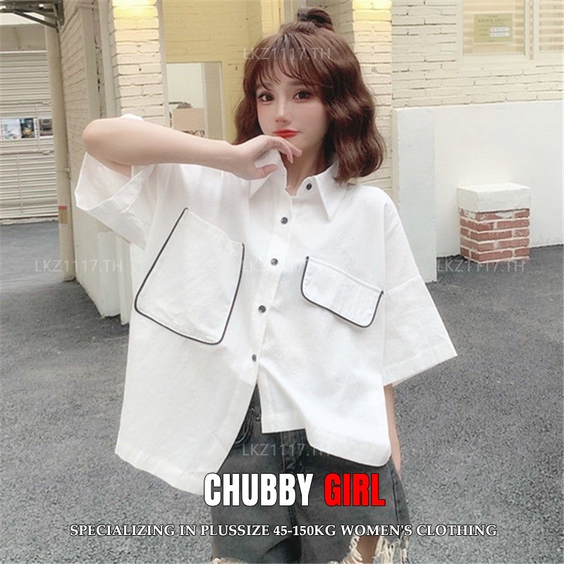 Plus size Shirt เสื้อสาวอวบอ้วน ไซส์ใหญ่ ผู้หญิง ทรงหลวม แขนสั้น คอปก สีขาว ฤดูร้อน สไตล์เกาหลีแฟชั่น