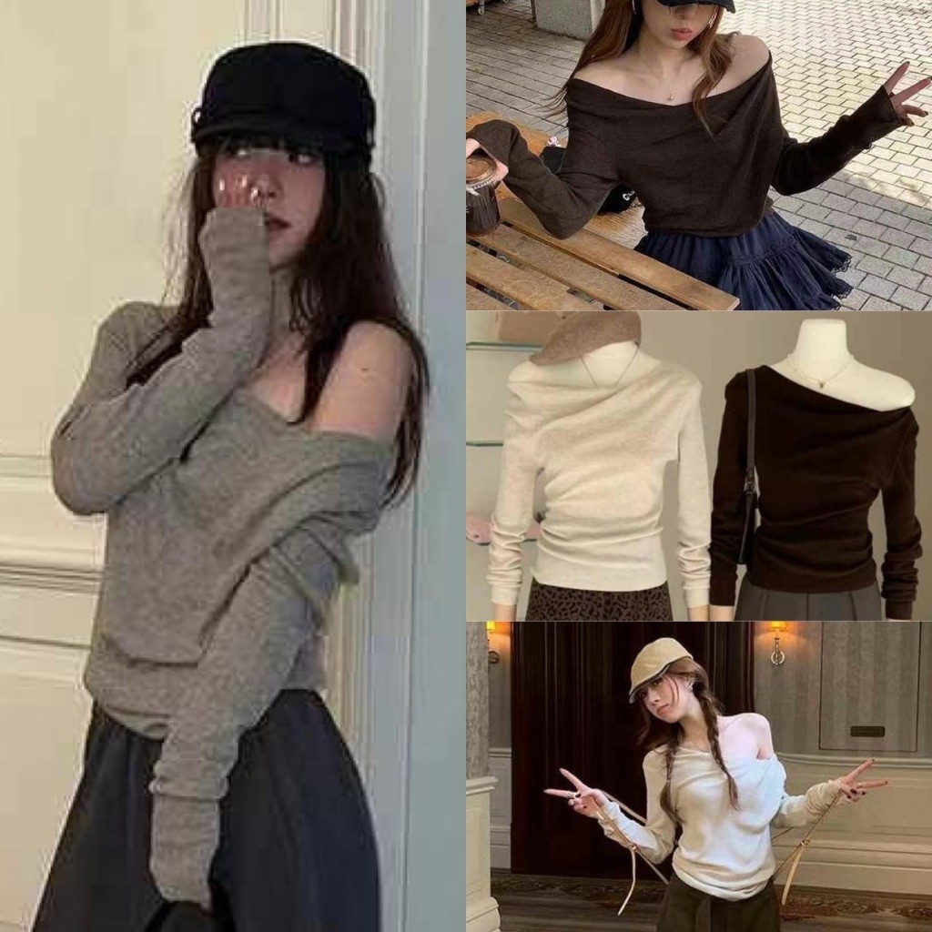 เสื้อปาดไหล่แขนยาว ผ้านิ่มใส่สบาย ทรงสวยค่า ผ้าดีมาก ทรงเกาหลี ทรงน่ารัก แฟชั่นเกาหลี TAG WG.WE