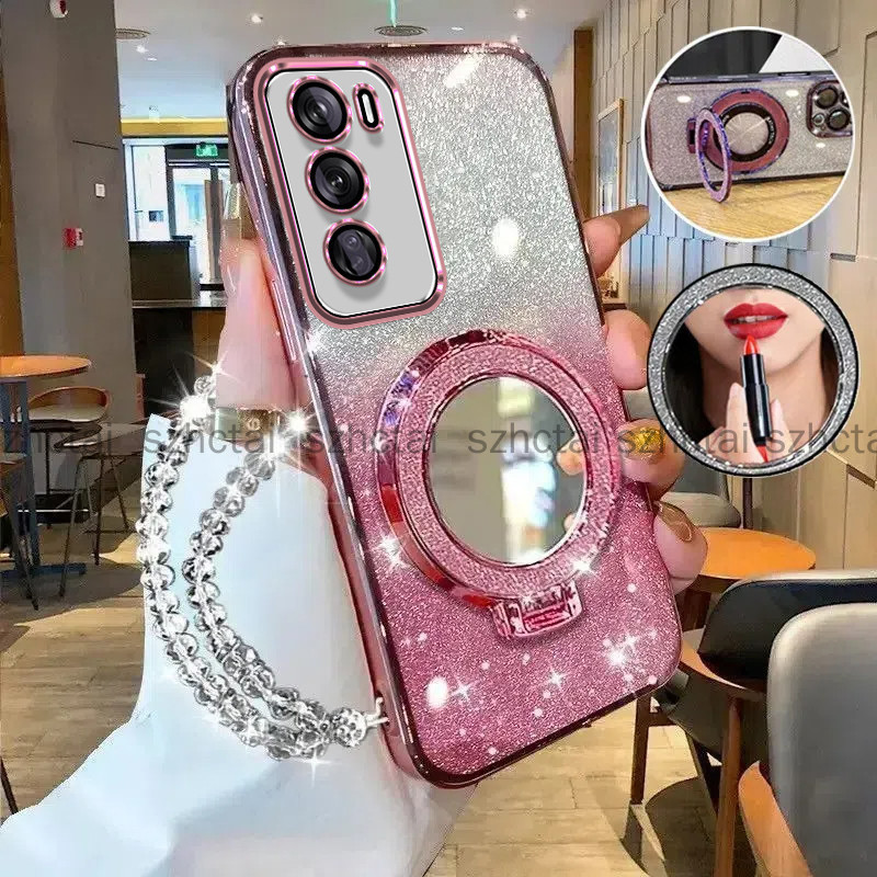 ปลอก OPPO Reno12 5G Reno 12 Pro 5G 11 5G 11F 11 Pro 10/ 10 Pro 8T 5G Luxury Electroplated Glitter เคสโทรศัพท์พร้อมความงามแต่งหน้ากระจกผู้ถือสร้อยข้อมือ Lanyard Soft Case