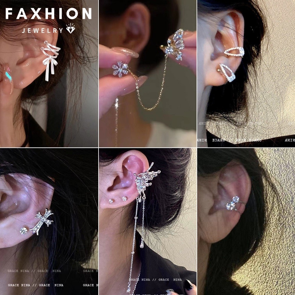 Faxhion สง่างามต่างหูเงินชุดสําหรับผู้หญิงหรูหราเพทายผีเสื้อข้ามหูคลิปต่างหูอุปกรณ์เสริมเครื่องประดับ