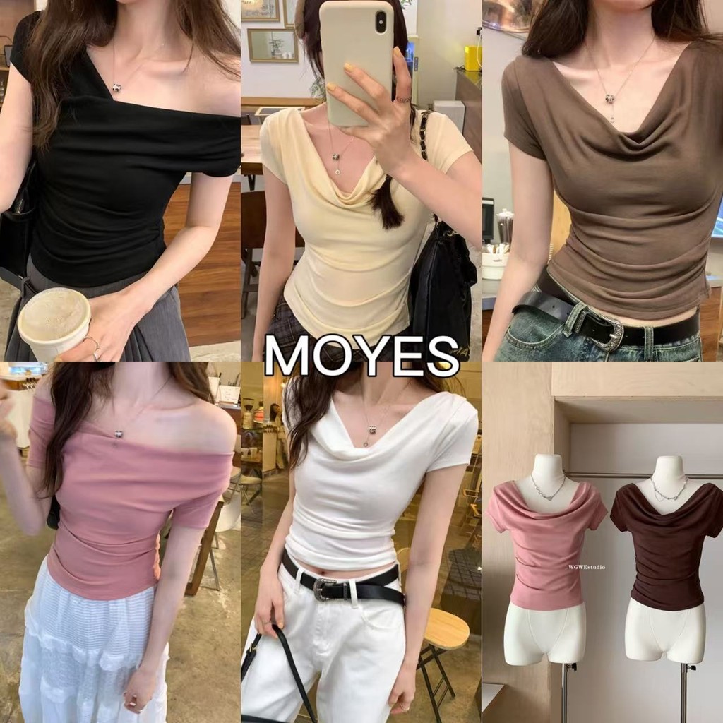 MOYES  พร้อมส่ง   เสื้อยืดสตรีเปิดไหล่เดี่ยว สะดือเซ็กซี่สาวฮอต เสื้อไหล่เดียวเซ็กซี่สไตล์เกาหลี