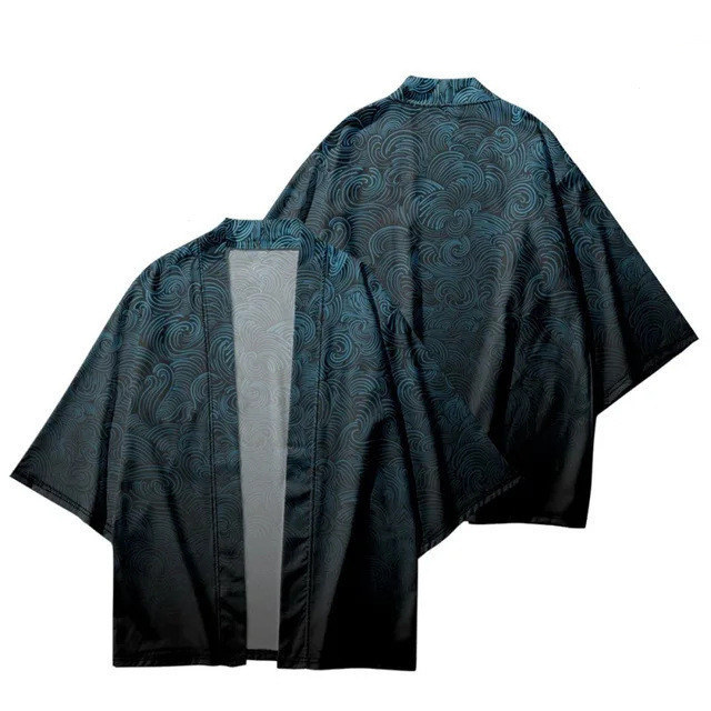 ญี่ปุ่นกิโมโนถนนเสื้อผ้าผู้ชายเสื้อคลุมฮาโอริเสื้อผ้าย้อนยุคไล่โทนสีเรขาคณิตพิมพ์คาร์ดิแกนชายหาดยูกาตะบทบาทเล่น