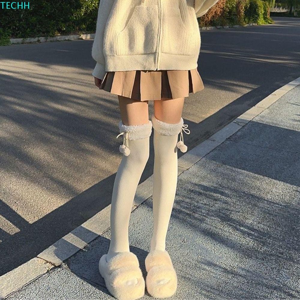 Techh ฤดูหนาวเข่าสูงถุงเท้า, Plush Balls 30/45 ซม.ขนสัตว์ถักถุงน่อง,แฟชั่น Y2K Hosiery Lolita JK Coral ขนแกะถุงน่อง Lolita