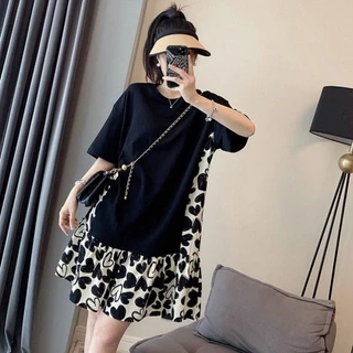 【Oversize Dress】(40-150 กก.) แขนสั้น พลัสไซส์ มินิเดรส ทรงเอ ลายดอกไม้ ประกบ หลวม เดรสแฟชั่นเกาหลี Plus Size Dress