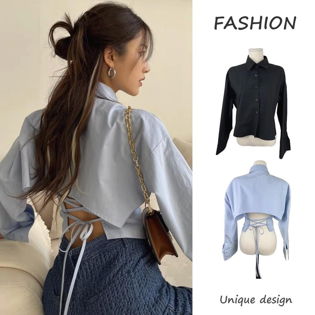 mimi&didi#เสื้อเชิ้ตแขนยาวสไตล์ฝรั่งเศส ผ่าด้านหลัง มีสายผูกเอว สไตล์สั้น เสื้อแฟชั่น สำหรับผู้หญิง#W517