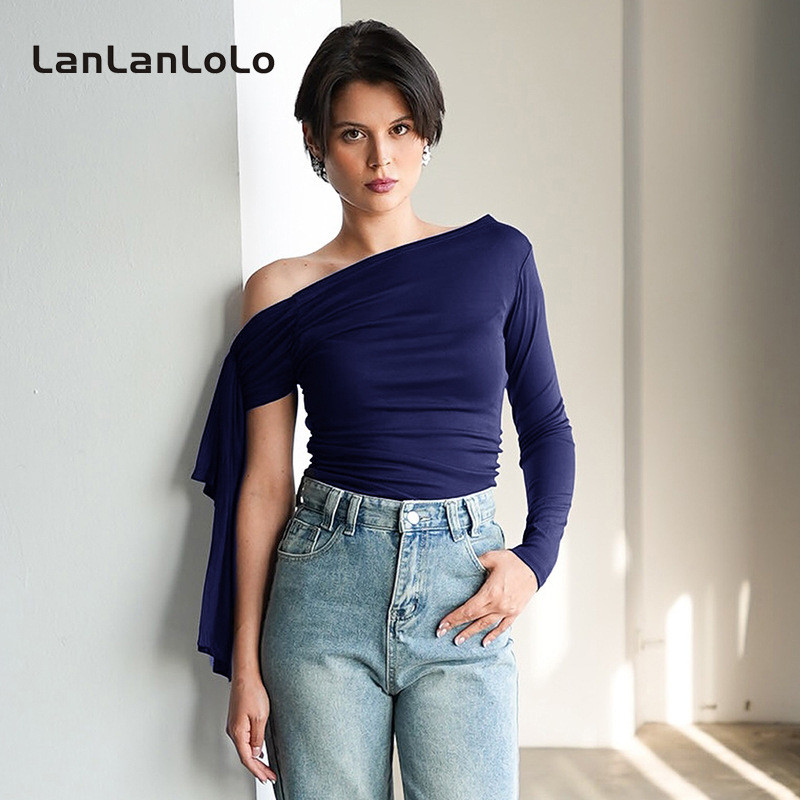 Lanlanlolo ผู้หญิง 2024 ไม่สม่ําเสมอ Slim Fit แฟชั่นสีทึบเสื้อไหล่เดียว