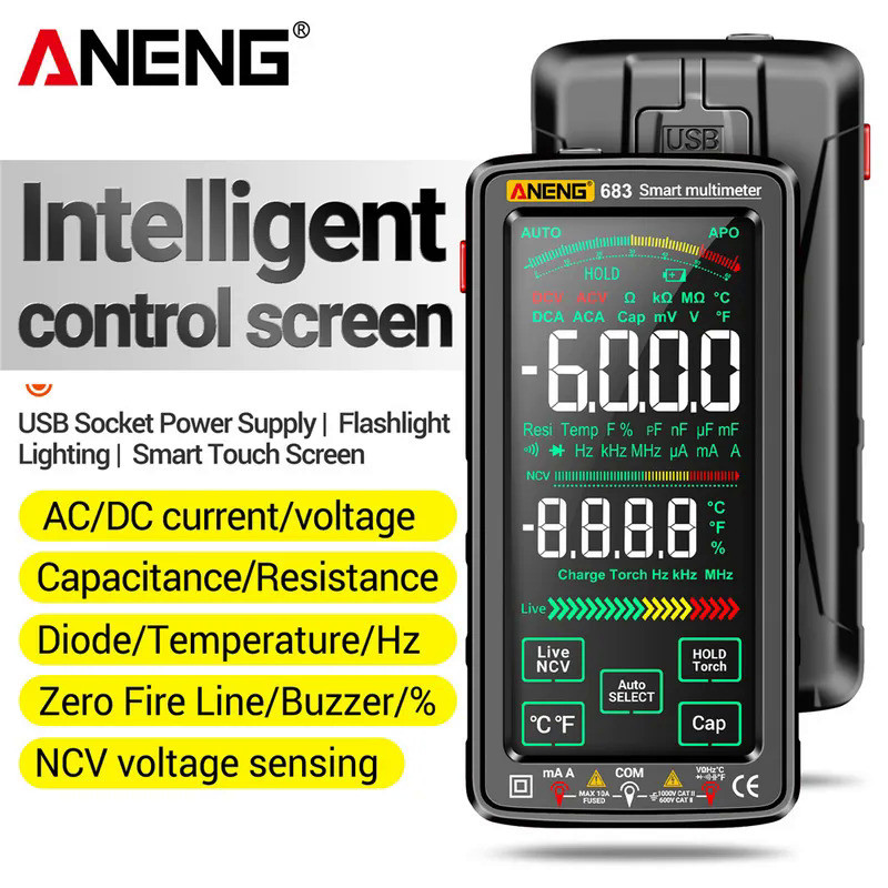 ANENG 683 6000 Counts Professional Multimeter AC/DC Voltage Test Current Ammeter Smart Touch Screen 