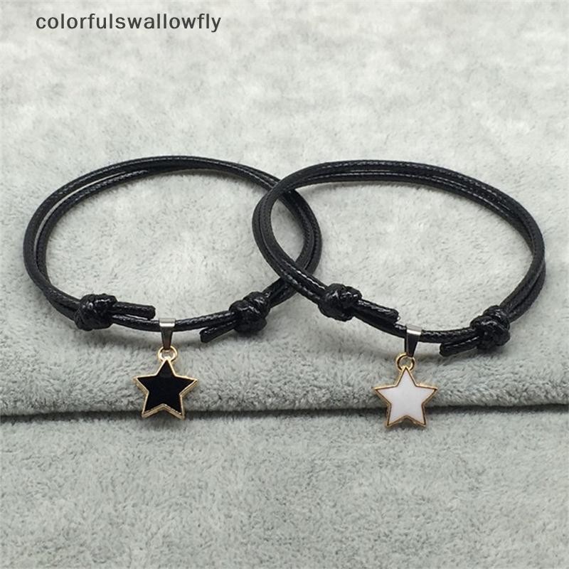 สีสันswallowfly 2 ชิ้น/เซ็ตแฟชั่นคู่สร้อยข้อมือสีดําเชือก Star Heart จี้สร้อยข้อมือสําหรับผู้หญิงผู้ชายคนรักคู่สร้อยข้อมือเครื่องประดับของขวัญ COD