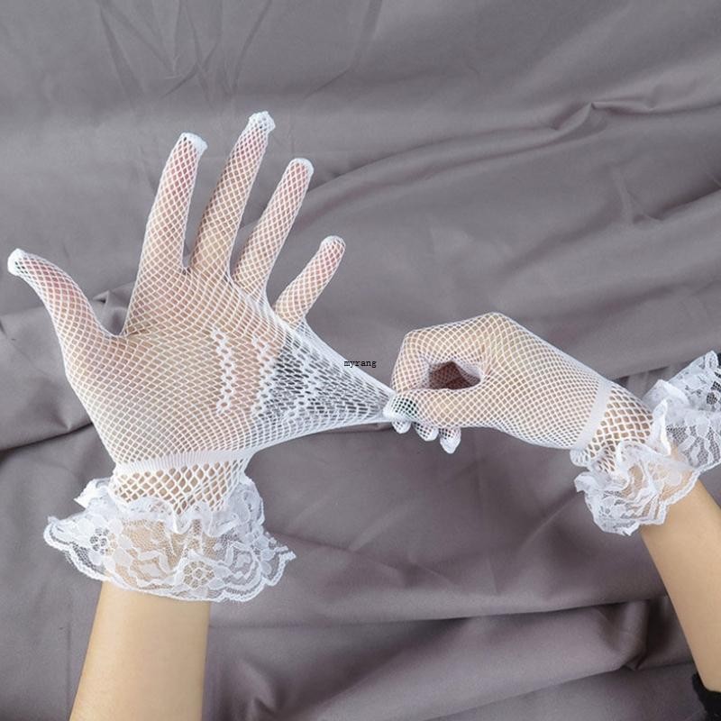 Mg ผู้หญิง Hollow Fishnet ถุงมืองานแต่งงานเจ้าสาว Mittens Sheer ตาข่ายจีบ Cuff Full Finger ถุงมือคอสเพลย์ Costu