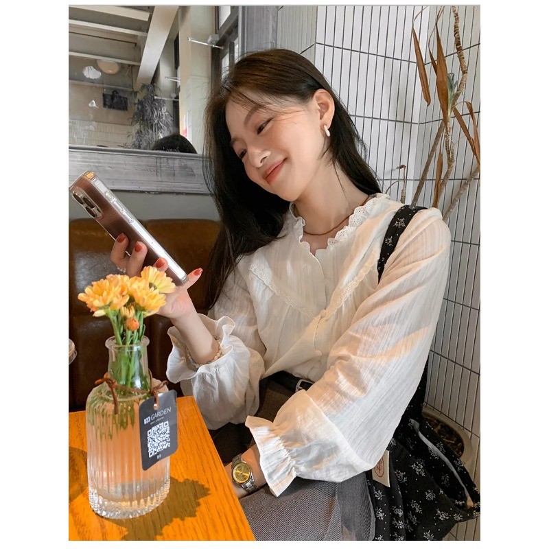 🧡LINNA🧡สีทึบ ลูกไม้ คอกลม แขนยาว เสื้อเชิ้ต แฟชั่น สไตล์หวาน