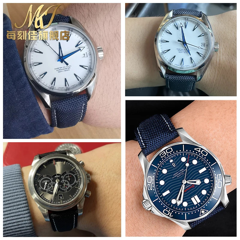 สายนาฬิกาไนลอนสําหรับ Omega Super Snoopy 310 ผ้าใบ Cowhide ด้านล่าง Watchband ใหม่ Hippocampus AT150 สายนาฬิกาผู้ชาย 22 มม. 20 มม.