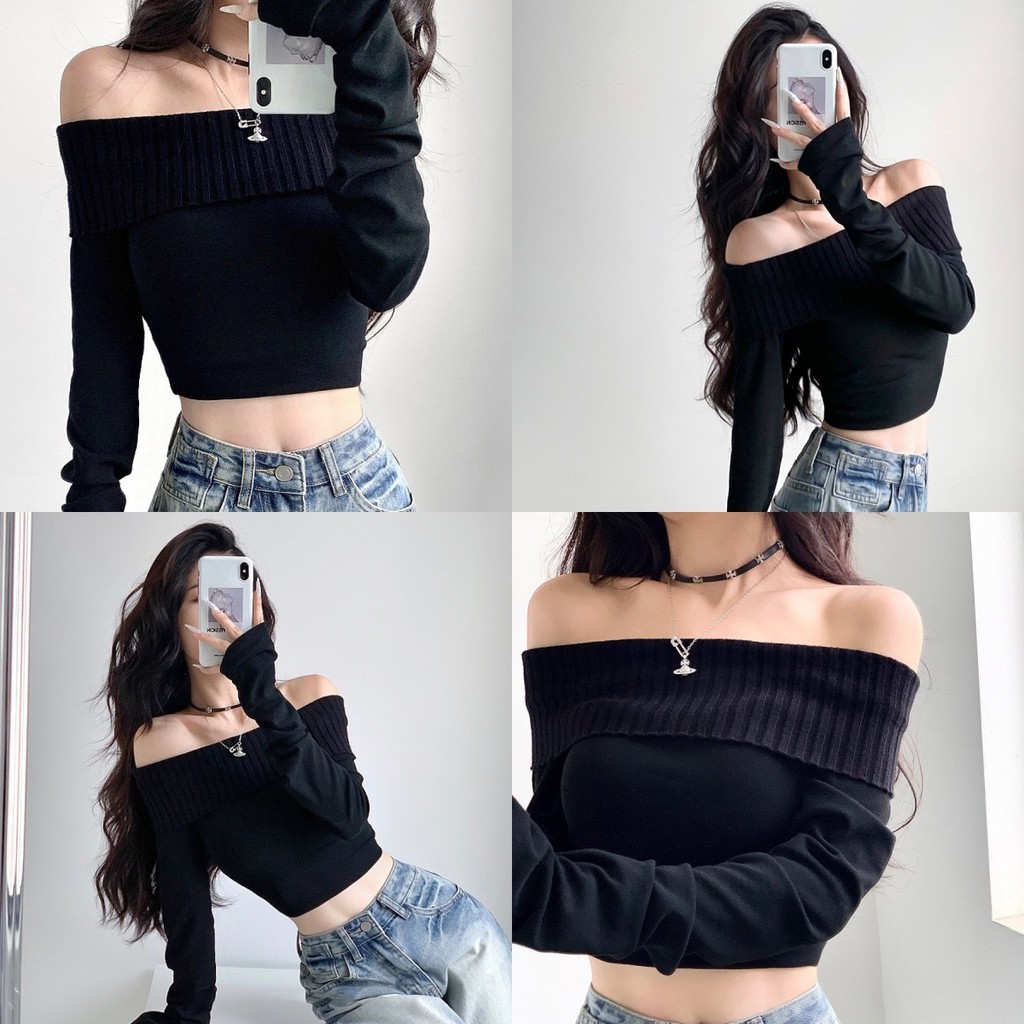 Anne เสื้อยืดผู้หญิง สีพื้น ไหมพรม เปิดไหล่ แขนยาว เข้ารูป ผ้าร่อง เสื้อครอป สไตล์ลำลอง แฟชั่น #98275