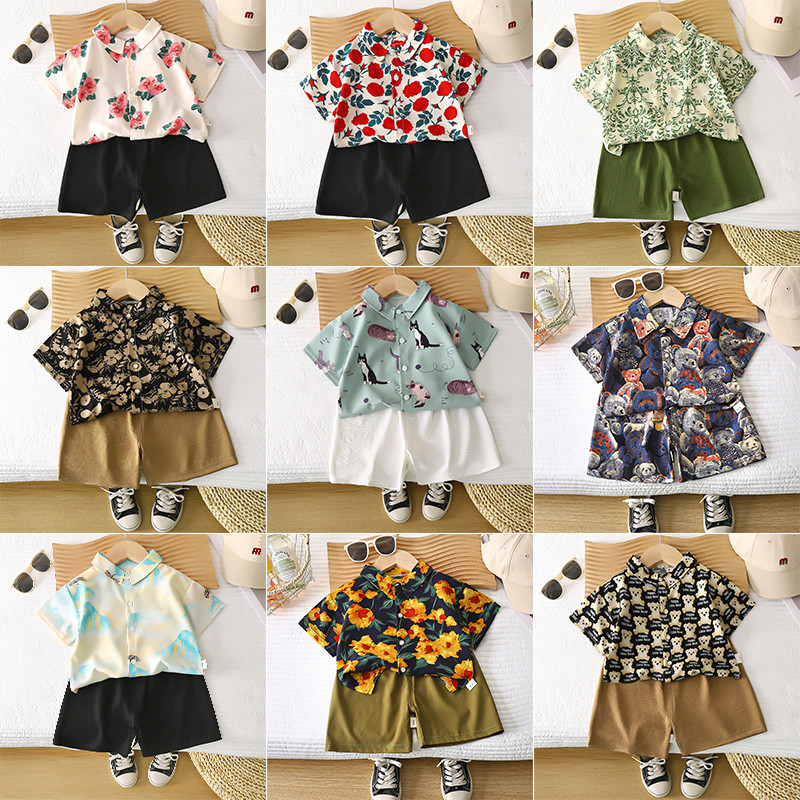 80-160ชุดเด็ก: เสื้อเชิ้ตลายดอกไม้ทูพีซฤดูร้อนและกางเกงขาสั้นสําหรับเด็กชายและเด็กหญิง1ขวบ-6ขวบ
