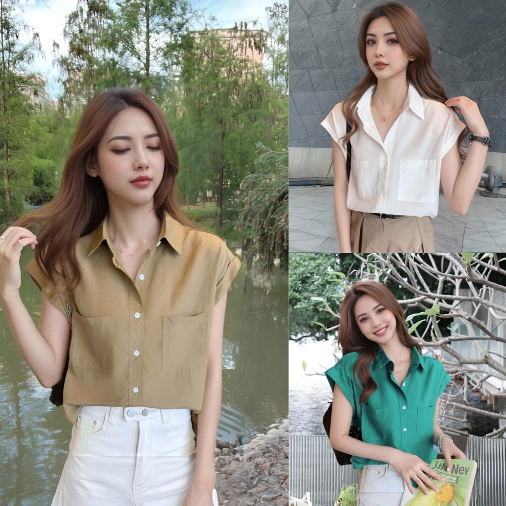 เสื้อคอปกโปโลวินเทจแขนสั้นไหล่ตก สวมใส่สบาย สไตล์หลวมๆ สุดชิคสำหรับสาวๆ ที่รักแฟชั่น