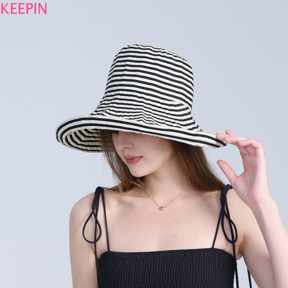 Keepin Stripe Bucket Hat, Wide Brim Anti-UV Summer Sun Hat, Fashion Folding Visor Cap Outdoor Beach 