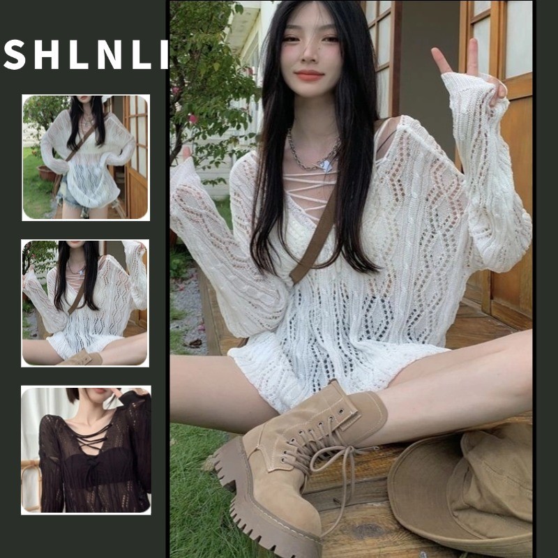 ฤดูร้อนผู้หญิงวันหยุดสไตล์สีทึบกลวงถักคาร์ดิแกนคอวีเก๋แขนยาวด้านบน