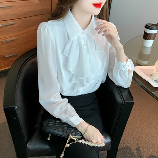 ฝรั่งเศสฤดูใบไม้ผลิฤดูใบไม้ร่วงสไตล์ใหม่สีขาว Lace-Up Bow เสื้อแขนยาวแฟชั่นอารมณ์ Simple All-Match Slim-Fit Age-Reduction สุภาพสตรีแฟชั่นด้านบน
