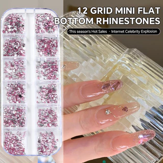 เล็บตกแต่งเล็บคริสตัล Rhinestone เพชร DIY สติกเกอร์เล็บ Mini ด้านล่างแบนที่มีสีสัน 12 กริด 1080 ชิ้น KOUDAN