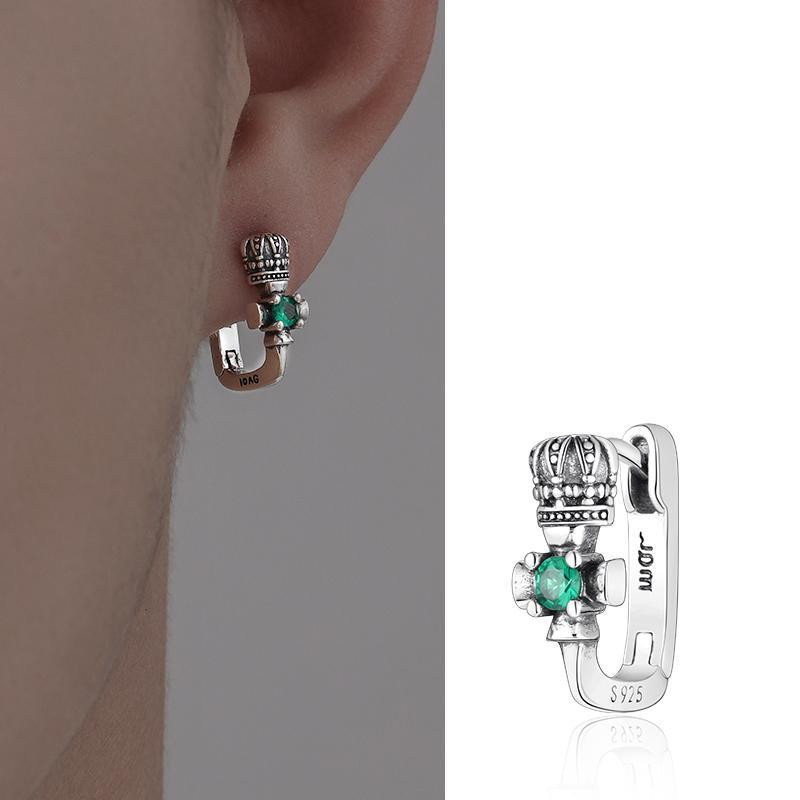925 Silver Retro High-End Zircon ฝังมงกุฎ Simple Boys Girls ต่างหู