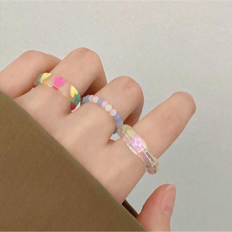 3ชิ้นหัวใจลูกปัดแหวนอะคริลิชุดนักเรียนหญิงสีโปร่งใสผิดปกติแหวนเรซิ่นของขวัญ