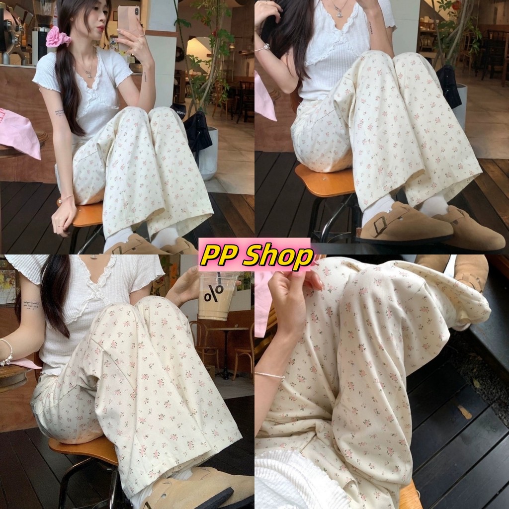 💜PP SHOP💜พร้อมส่ง กางเกงขายาวเอวสูง กางเกงเกาหลี กางเกงขากว้าง ดีเทลลายดอกไม้ ผ้าสีครีม มินิมอลสไตล์