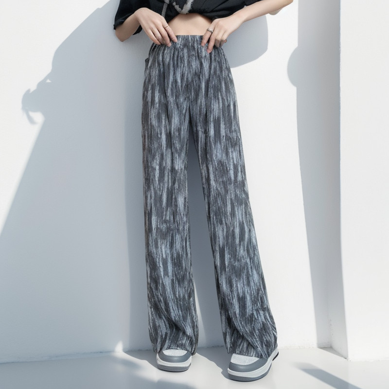 ผ้าไหมน้ําแข็ง Baggy Flowy กางเกงผู้หญิง Tie Dye ตรงตัดขากว้างหลวมสบายๆสูงเอว Slack กางเกงผู้หญิง