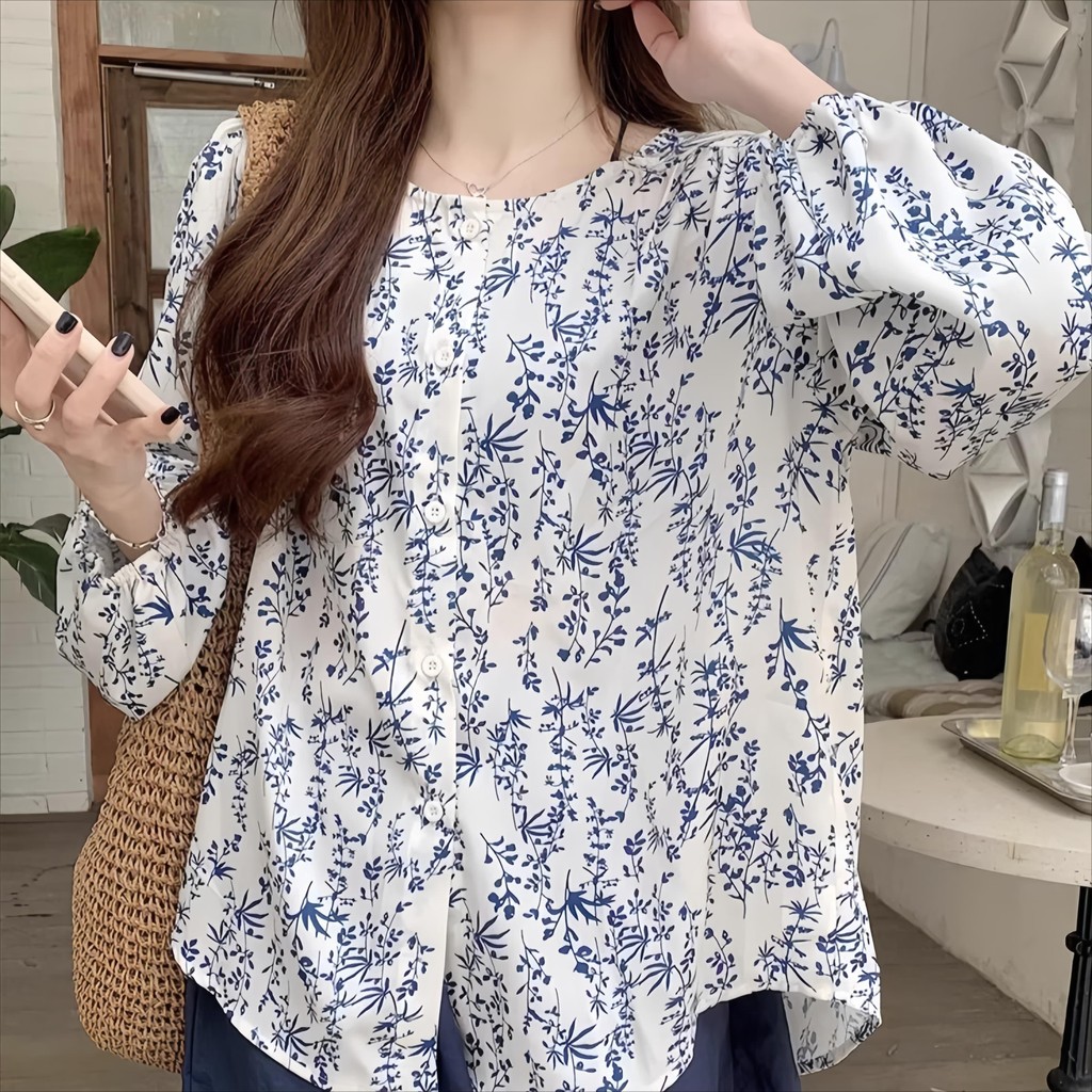 วินเทจสีฟ้าลายดอกไม้พิมพ์เสื้อผู้หญิงแขนยาวปุ่มคอกลมออกแบบขี้เกียจขนาดบวกหลวมสลิมมิ่งวัสดุชีฟอง