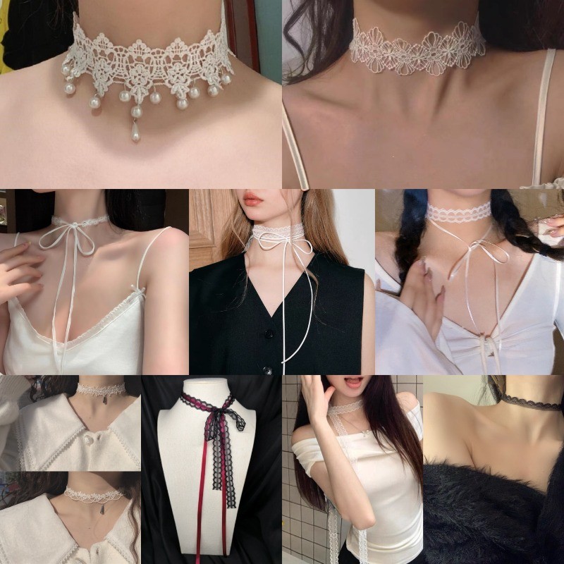 สร้อยคอลูกไม้สีดําและสีขาวสําหรับผู้หญิงสาวสไตล์เกาหลีสร้อยคอโชคเกอร์สวมใส่ทุกวันอุปกรณ์เสริม