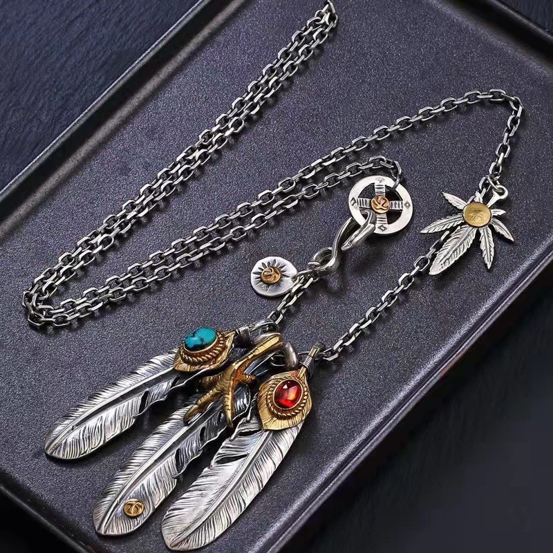 Takahashi Goro Style Turquoise Feather Necklace Mens Sweater Chain Taikou Chain Set Chain