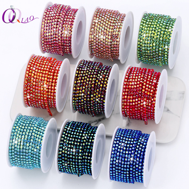QIAO 10yd คริสตัลสี AB Glitter Rhinestone Chain เย็บบน Trimming Glass Rhinestones สําหรับเย็บปักถักร้อย
