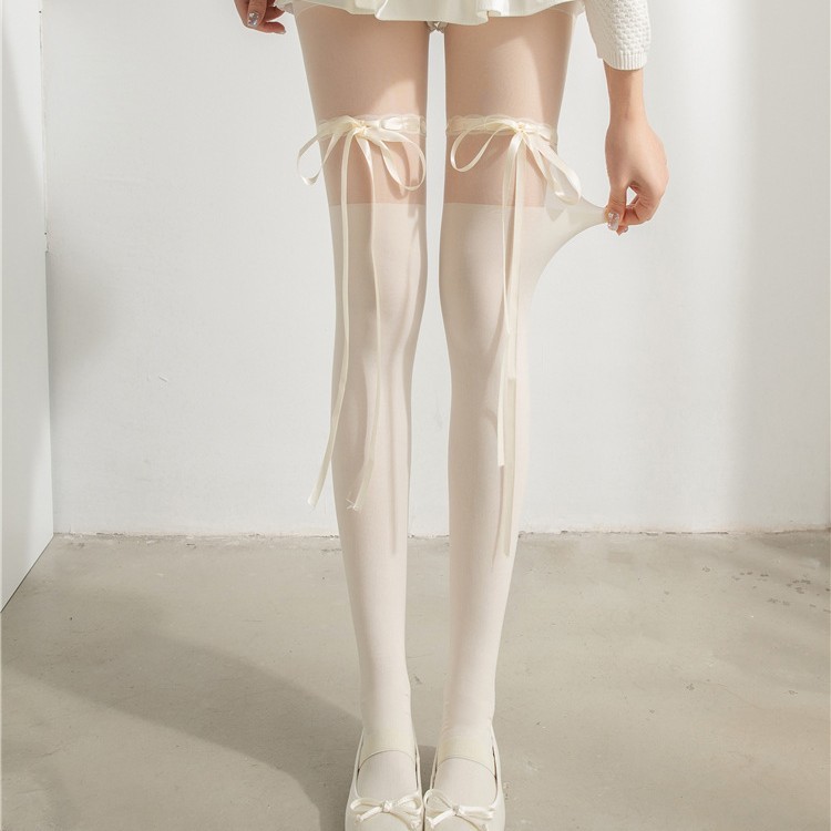 ริบบิ้นโบว์ถุงน่องสําหรับผู้หญิงสไตล์บัลเล่ต์ JK Lolita ถุงเท้าสายรัด Pantyhose