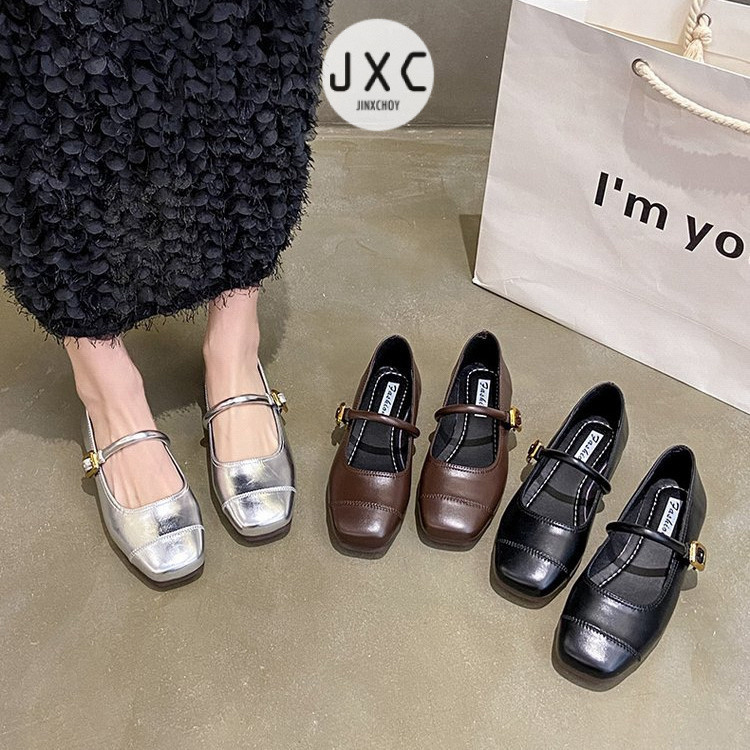 สไตล์เกาหลี One-Line Buckle รอบ Toe Low-Top รองเท้า PU ส้นเตี้ยปากตื้นสีทึบ Anti