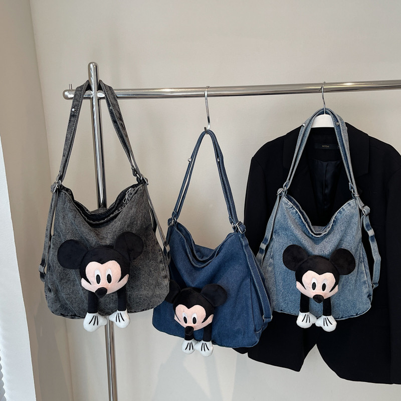 Disney Disney Mickey Backpack Denim กระเป๋าสะพายความจุขนาดใหญ่แฟชั่น Commuter Tote Bag Simple Casual กระเป๋าสะพายแบบพกพา