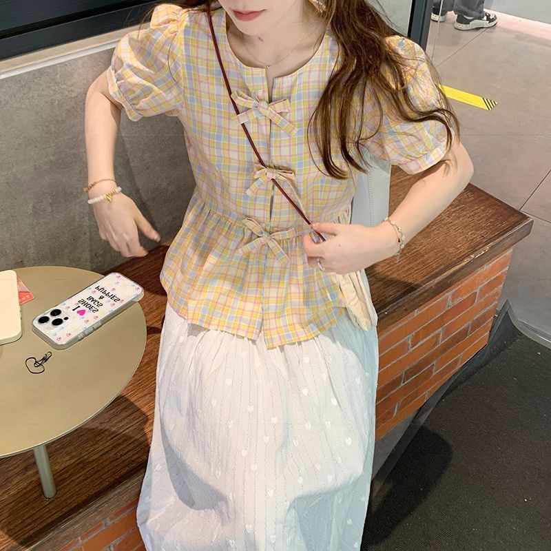 Mona~เวอร์ชั่นเกาหลี คอกลม ตาหมากรุก โบว์ แขนสั้น เสื้อเชิ้ต