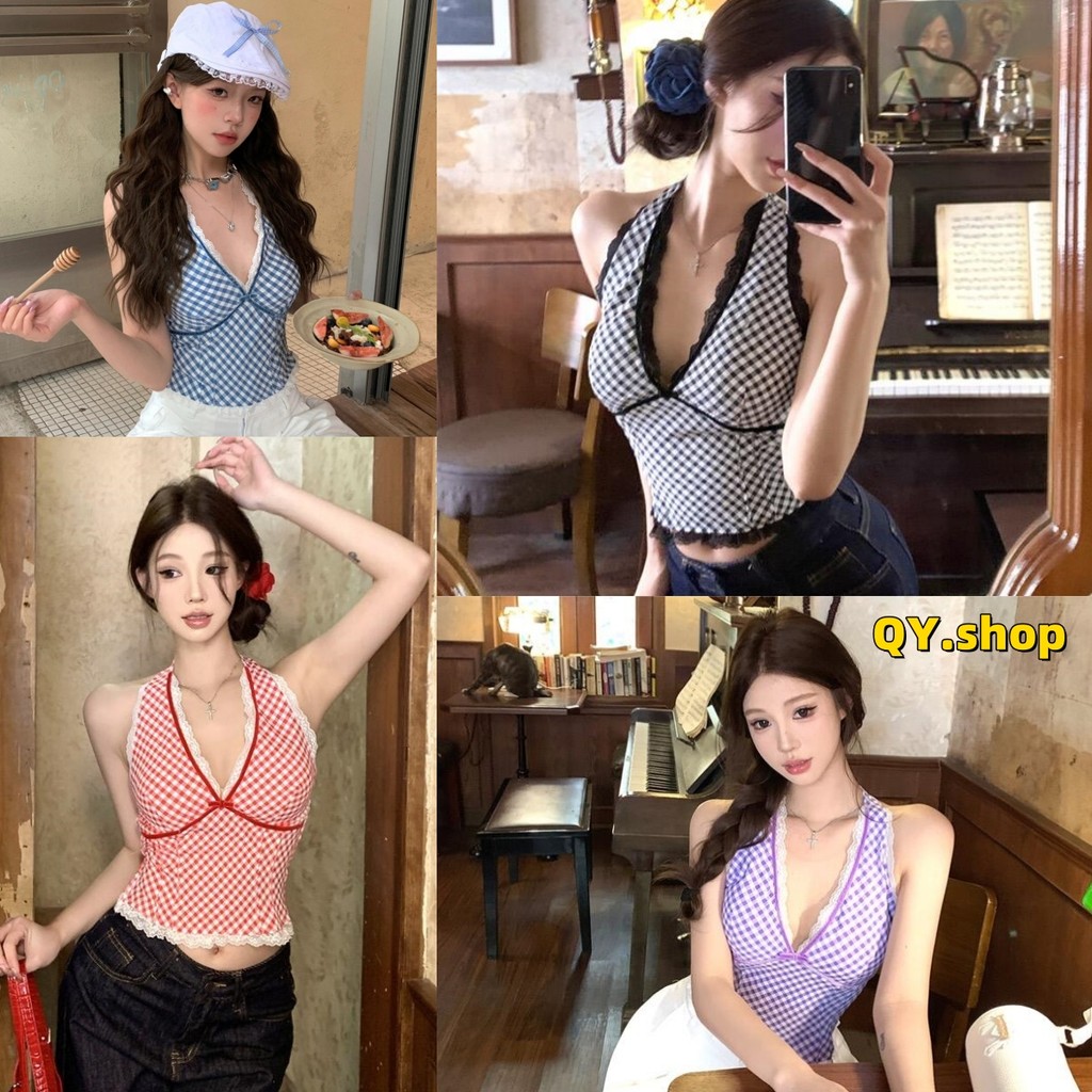 QY.Shop⭐️สินค้าราคาพิเศษ⭐️​พร้อมส่ง เสื้อคล้องคอ มีฟองน้ำ สไตล์เกาหลี แต่งโบว์ลายสต๊อก สีสดใส "FY853"