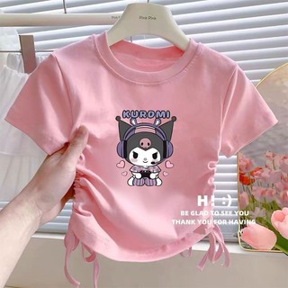 Kuromi Cinnamorol Sanrio Girls Crop Top เสื้อยืดมีเชือกรูด | ท็อปส์ซู 5 6 7 8 9 10 11 12 13 14 ปี
