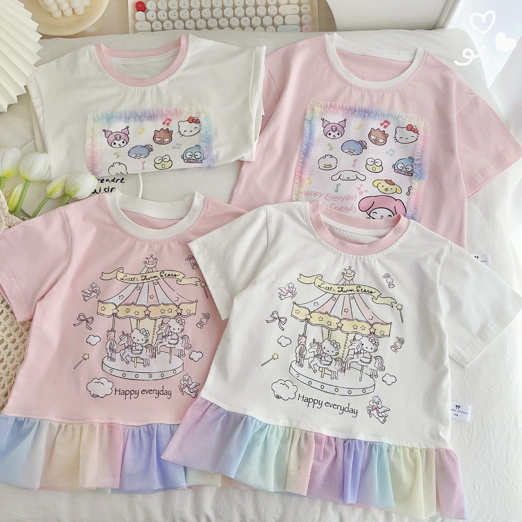 สาวเสื้อยืดฤดูร้อนสไตล์ใหม่เด็กด้านบนน่ารักพิมพ์สายรุ้งกระโปรงแขนสั้น