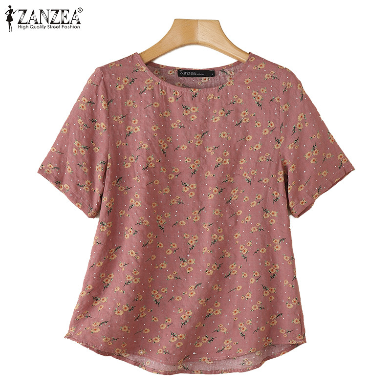 ZANZEA เสื้อลําลอง O-คอแฟชั่นเกาหลีสําหรับผู้หญิงทุกวันดอกไม้ครึ่งแขน