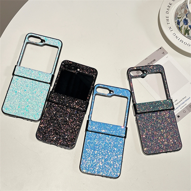 SAMSUNG หรูหราGradient Glitterเลื่อมTrimเคสโทรศัพท์Samsung Galaxy Z Flip 6 Z Flip 5 Z Flip 4 Z Flip 3 เงากันกระแทกบานพับป้องกันปกหลังZ Flip 7