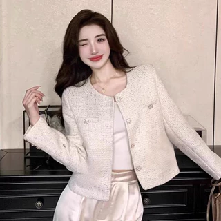 อ๊อฟ ขาว Blazer เสื้อทวิต ผู้หญิง สไตล์คุณหนู มีซับในตัว เสื้อคลุม งานสวยหรูหรา กระดุมผ่ากลาง แขนยาว