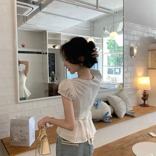 Veewink พร้อมส่งจากกทม เสื้อเชิ้ตแขนสั้นลูกไม้ สไตล์ฝรั่งเศส ทรงกระชับเอว ใส่ดูเพรียวบาง