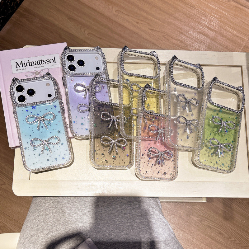 3D เพชรโบว์ประกายสีชมพู Star Hard Case สําหรับ iPhone 11 12 13 14 15 16 17 Pro Max ปลอกฝัง rhinestone รั้วขอบฝาครอบป้องกันการตกสําหรับ iPhone13 กรณี