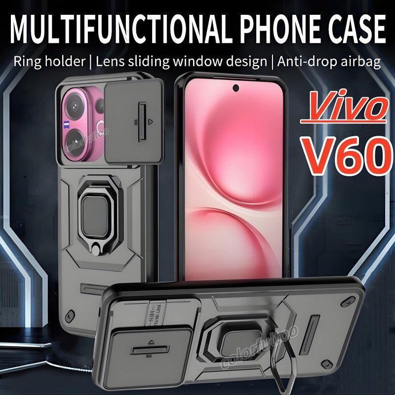 Vivo V60 5G 2025 เกราะกันกระแทกสําหรับ Vivo V60 V 60 60V VivoV60 5G Push Pull สไลด์ป้องกันกล้องเคสโทรศัพท์ Hard PC กันชน Anti-fall Stand Holder ฝาหลัง