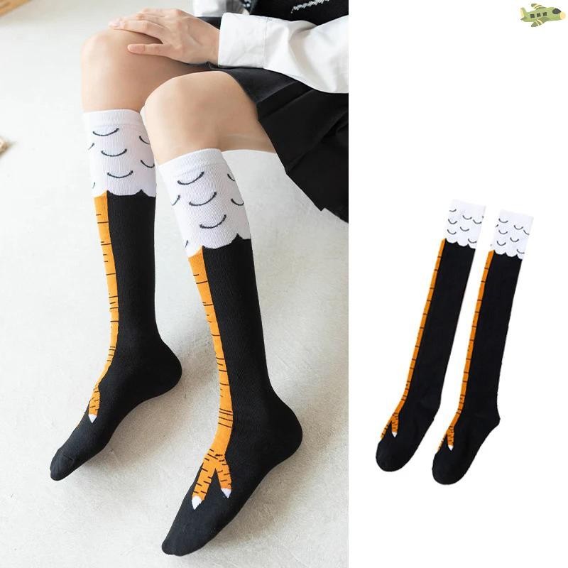 [UN] ไก่ Paws ฟุตถุงเท้าผู้หญิงกว่าเข่าถุงเท้ายาวการ์ตูนตลกผ้าฝ้ายขาไก่ Claw สุภาพสตรี 3D พิมพ์ต้นขาถุงเท้าสูง TH