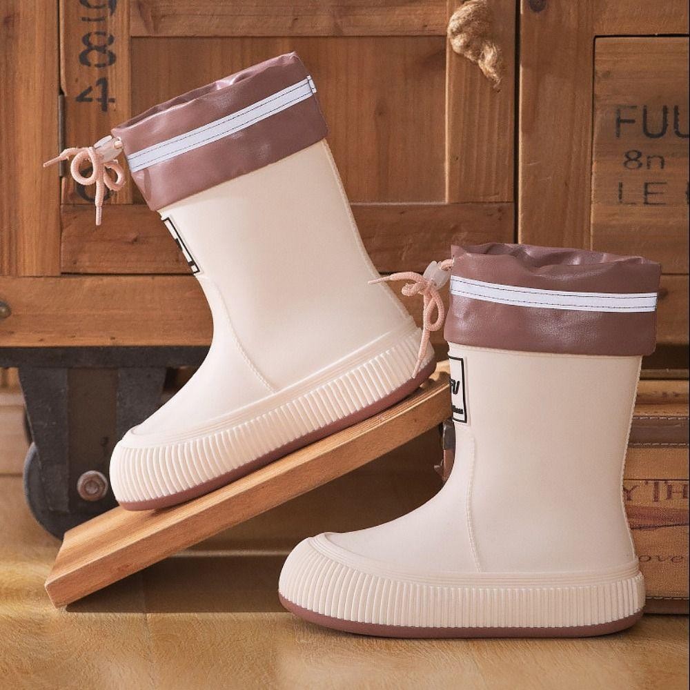 Rookiedd4 รองเท้ากันฝนผู้หญิง, Letter Anti Slip การ์ตูน Rainshoes, แฟชั่นกันน้ํา Drawstring หนาลูกวัว Galoshes Snowing