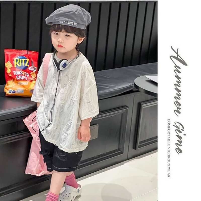 Kidเสื้อยืดรอบคอแขนสั้นบางหลวมTเสื้อธรรมดาHole Breaking Design Topsแฟชั่นเด็กสาวUnisexสวมใส่