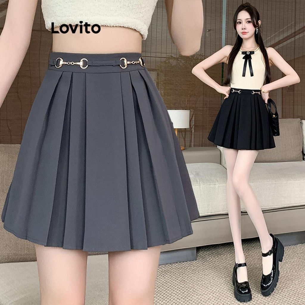 Lovito กระโปรงผู้หญิง จับจีบ สีพื้น สไตล์ลำลอง LNE58633
