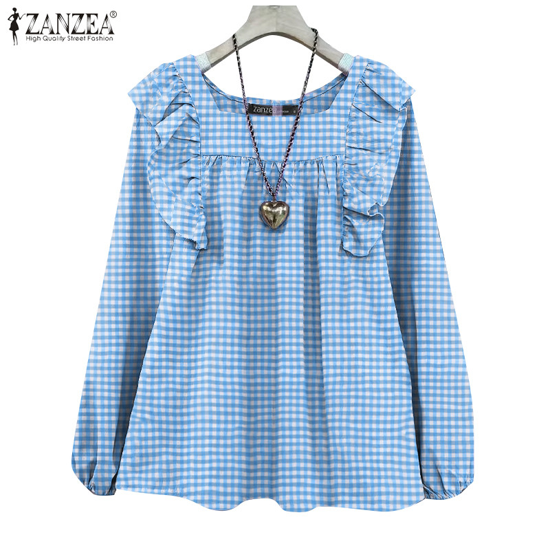 ZANZEA ซานเซีย ผู้หญิงเกาหลีลําลองคอสี่เหลี่ยมแขนยาวลายสก๊อตเสื้อหลวม